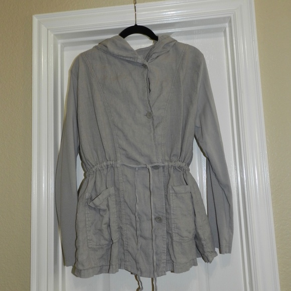 Flax Linen Button Front Hooded Jacket Drawstring Waist - Picture 2 of 12